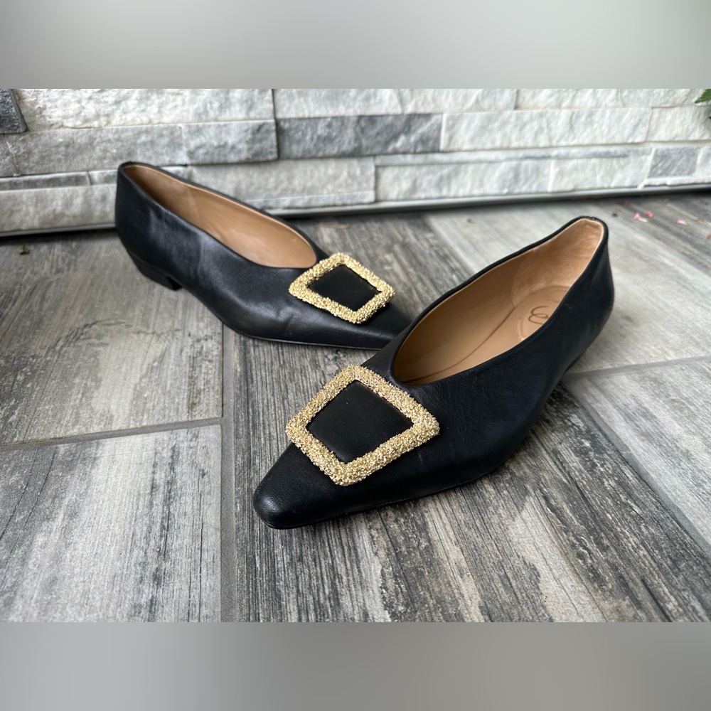 SAM EDELMAN x ANTHROPOLOGIE Janina Leather Pointed Toe Flat Gold Buckle Sz 10 - Picture 3 of 13